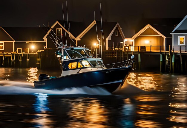 Ominous Nighttime Boat Scene with Navigation Lights