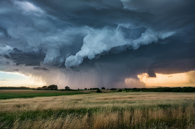 Ominous storm brews over rural farm in dramatic sky