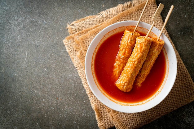 Omuk Korean fish cake skewer in Korean spicy soup