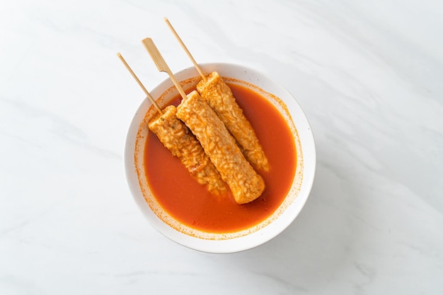 Omuk Korean fish cake skewer in Korean spicy soup