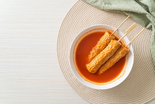 Omuk Korean fish cake skewer in Korean spicy soup