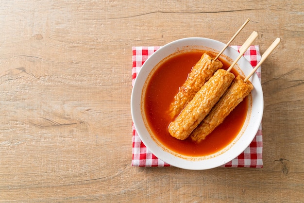 Omuk Korean fish cake skewer in Korean spicy soup