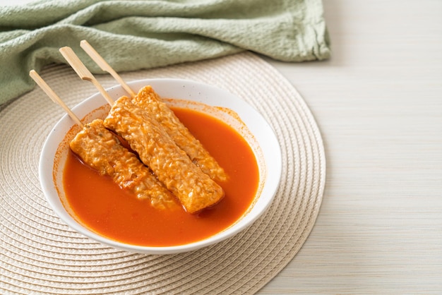 Omuk Korean fish cake skewer in Korean spicy soup