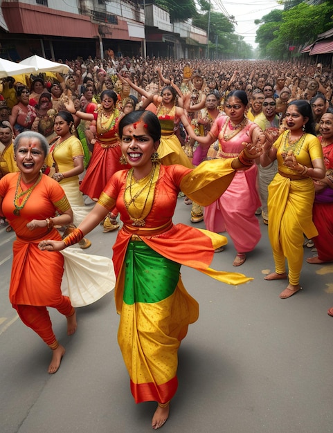 Onam celebration with a joyous crowd of people dressed in traditional costumes dancing and singing