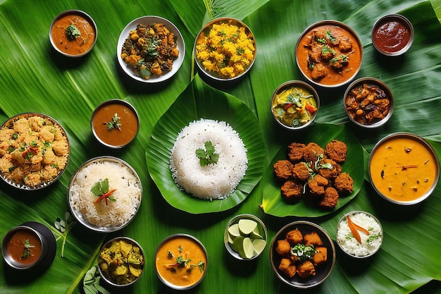 Onam festival banana leaf with various Indian food