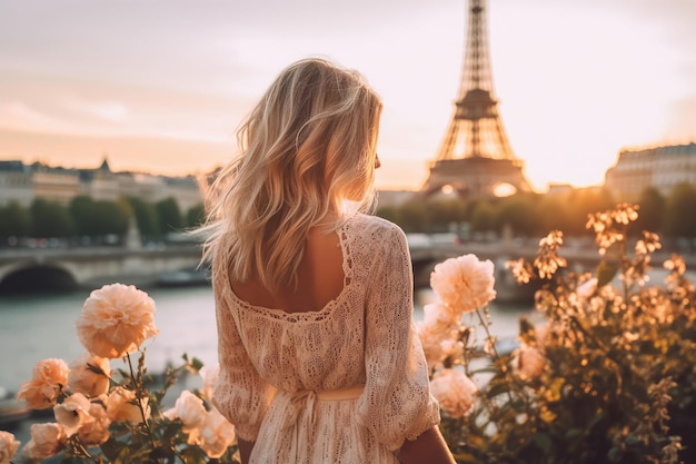 Once in Paris Back beautiful slim chic girl with long blond hair against Eiffel tower Generative AI