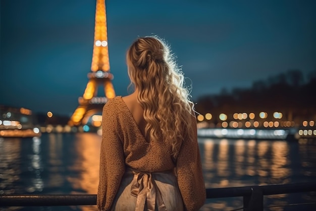 Once in Paris Back of woman in night against Eiffel tower Generative AI