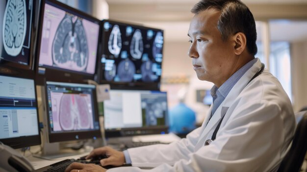 An oncologist employs AI tools to tailor cancer treatment plans based on genetic information and predictive analytics