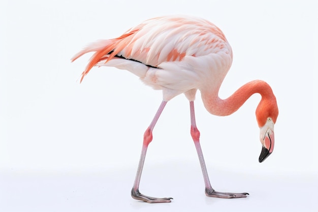 one adult pink flamingo in front of a white wall