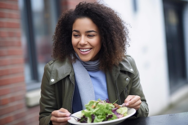 One beautiful happy mixed race woman enjoying her salad in and a coat created with generative ai