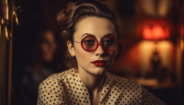 One beautiful woman in fashionable dress and sunglasses generated by AI