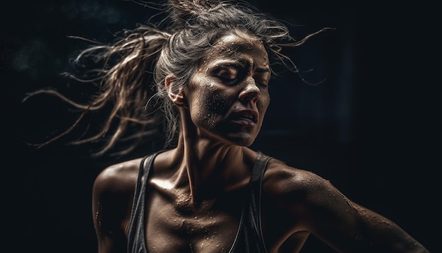 One beautiful woman wet and muscular exercising generated by AI