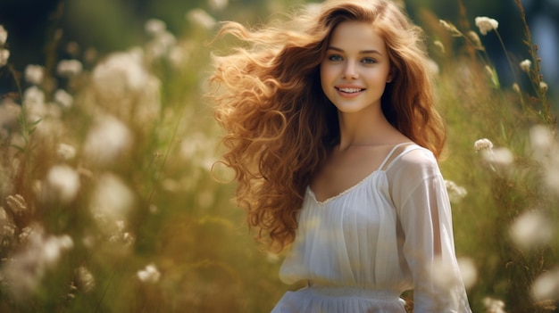 one beautiful woman young and elegant smiling in nature