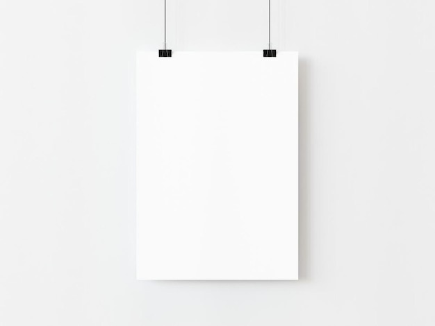 Photo one blank vertical rectangle poster template hanging thread with paper clips on white background 3d