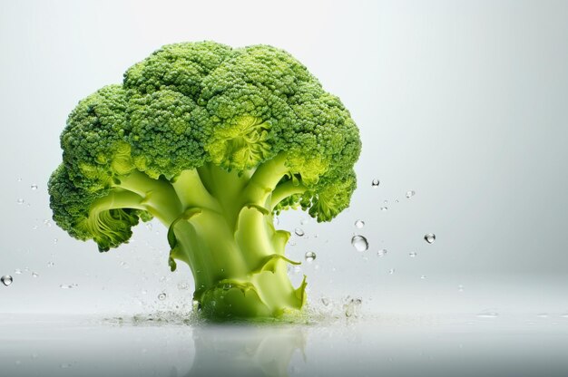 one broccoli stands beautifully on a white background with droplets of water copy space