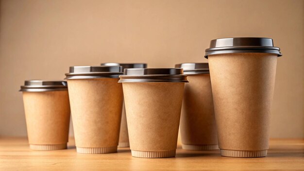 Photo one brown coffee paper cup mockup with lid set on beige background