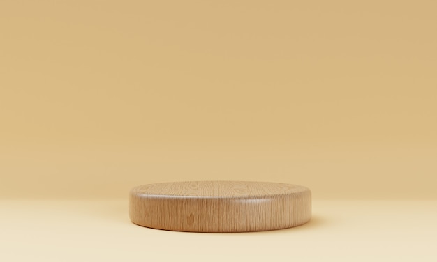 One brown wooden round cylinder product stage podium on orange background