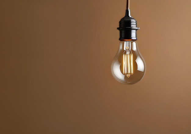 Photo one burning light bulb on a brown background copy space