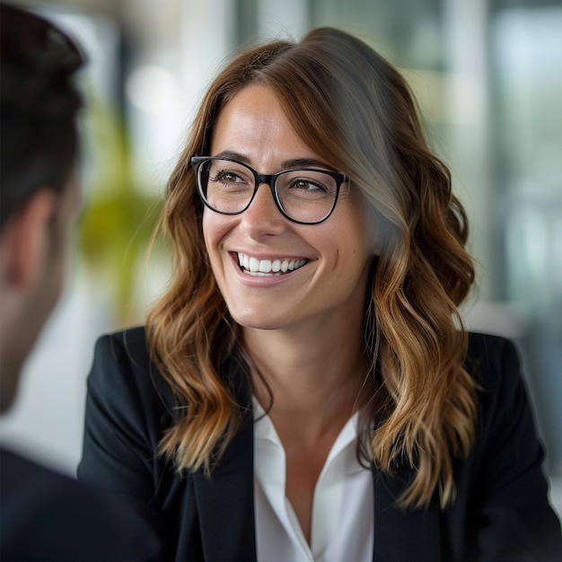 One businesswoman studio portrait looking at the people