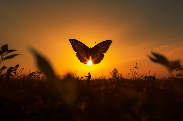 One butterfly stands silhouetted against a yellow sunset AI generative