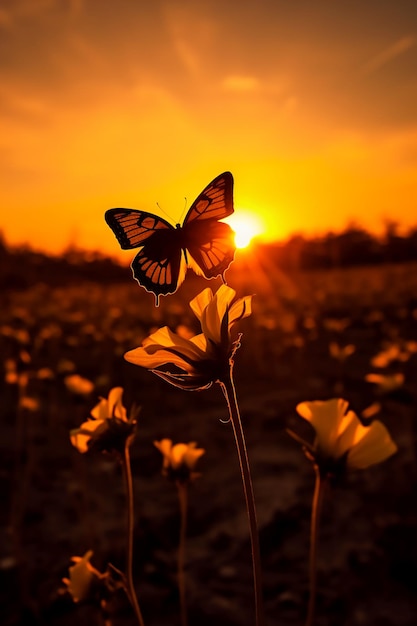 One butterfly stands silhouetted against a yellow sunset AI generative