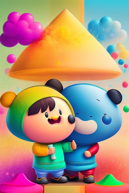 one cartoon with teddy with colorful area