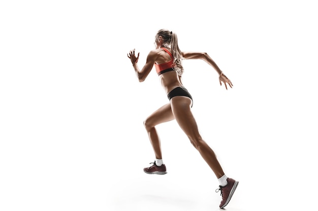 The one caucasian female silhouette of runner running and jumping on white studio background. The sprinter, jogger, exercise, workout, fitness, training, jogging concept.