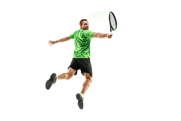 One caucasian man playing tennis player isolated on white background