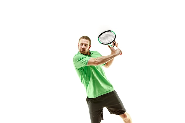 One caucasian man playing tennis player isolated on white