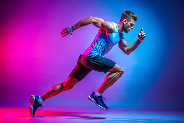 Photo one caucasian professional male athlete runner training isolated on pink studio background with blue neon filter light concept of action motion speed healthy lifestyle