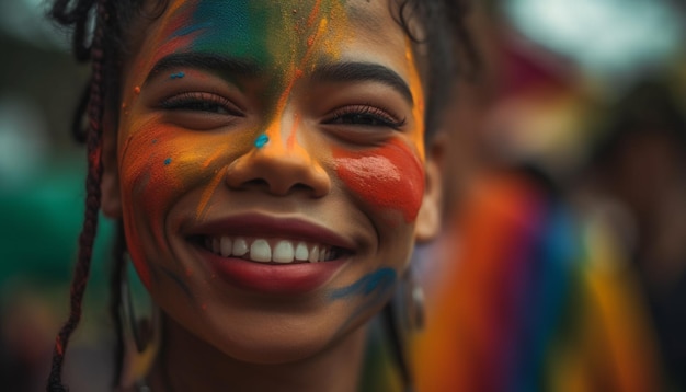 One cheerful girl with face paint smiles brightly generated by AI