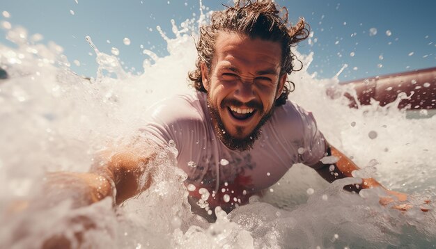 Photo one cheerful man splashing water enjoying a carefree summer generated by ai