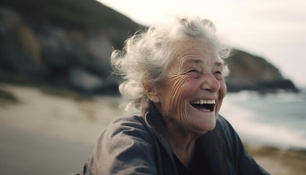 One cheerful senior woman enjoying nature beauty generated by AI