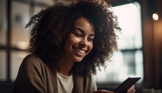 One cheerful young woman sitting smiling holding tablet generated by AI