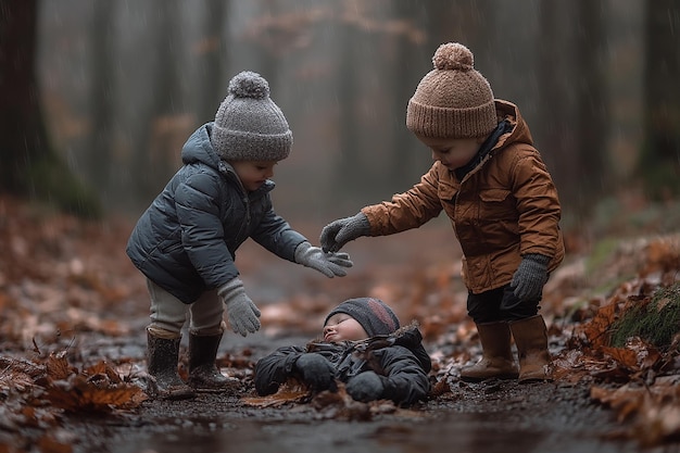 Photo one child helping another in the rainy forest