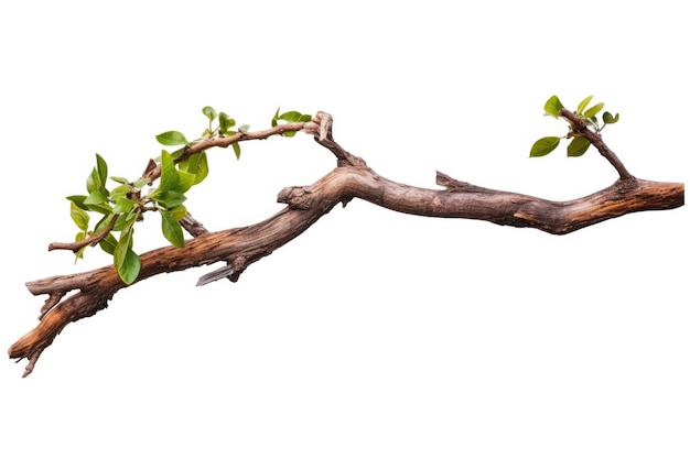 One cut Tree branch with green leaves realistic twisted isolated on white background