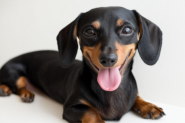 One cute playfull puppy dachshund dog calmly sitting posing isolated over white studio background