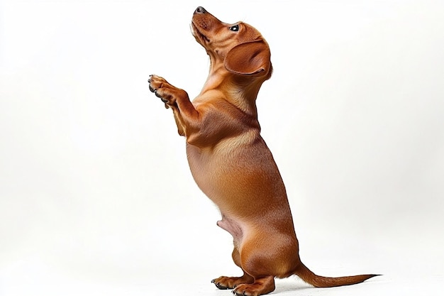 Photo one cute playfull puppy dachshund dog standing on hind legs posing isolated over white studio backg