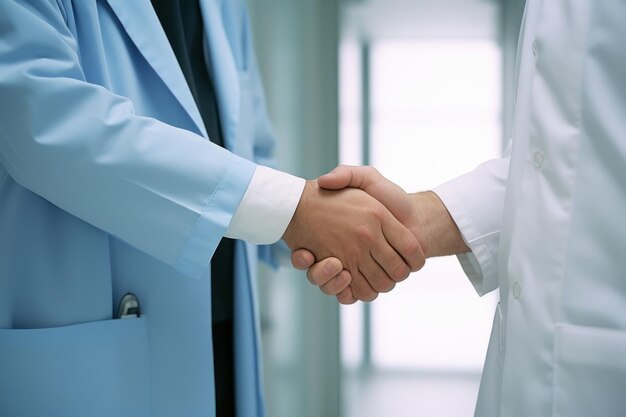 one dentist with surgical pajamas shaking hands of a person with normal clothes