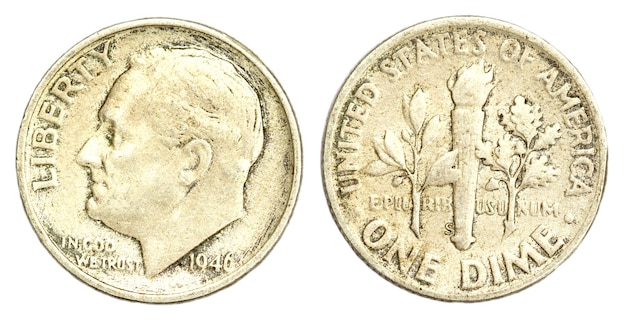 One Dime Coin of USA of 1946 close up