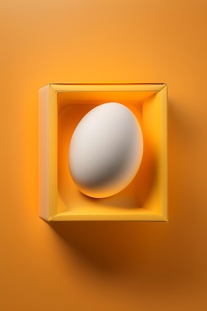 One egg in box carton on yellow background Flat lay top view copy space