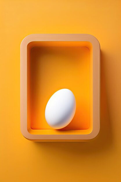 One egg in box on yellow background Flat lay top view copy space