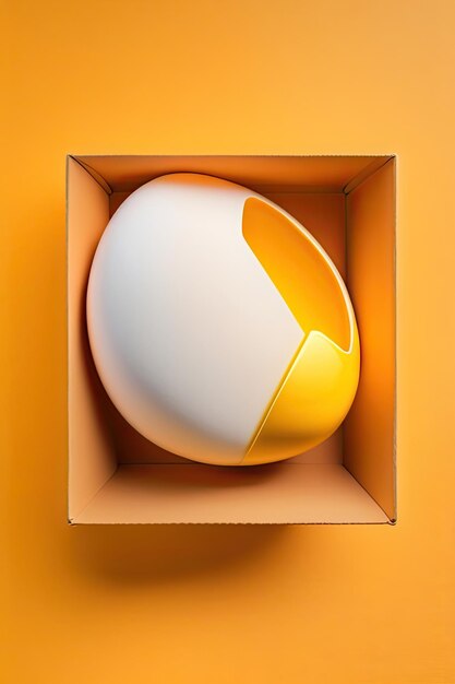 One egg in box on yellow background Flat lay top view copy space