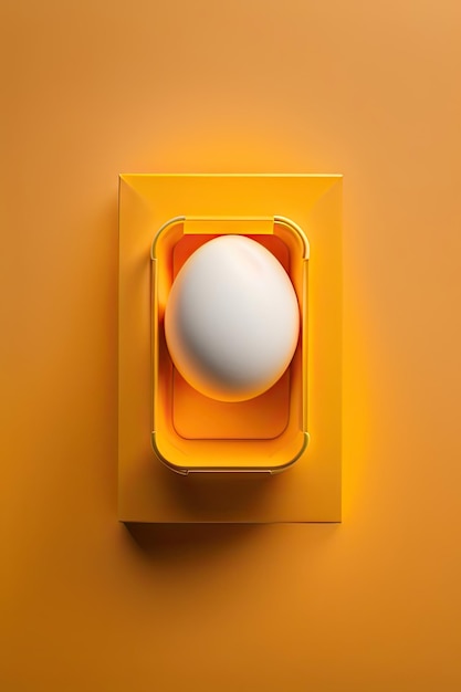 One egg in box on yellow background Flat lay top view copy space