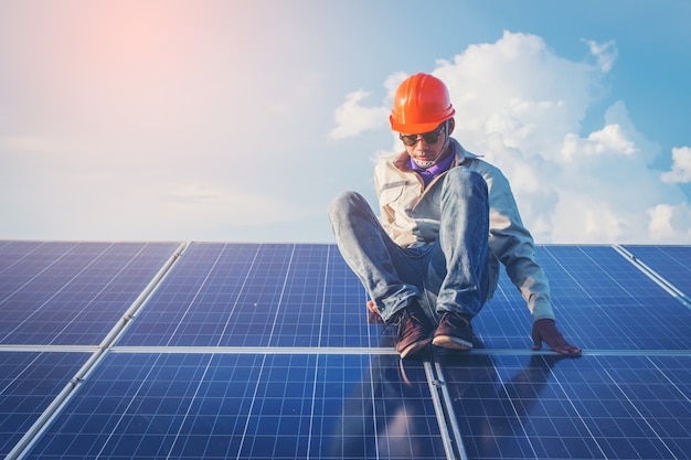 One electrician working on repair solar panel by replacement panel 