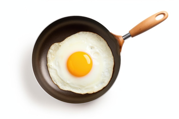 One fried egg in hot pan isolated on white background top view