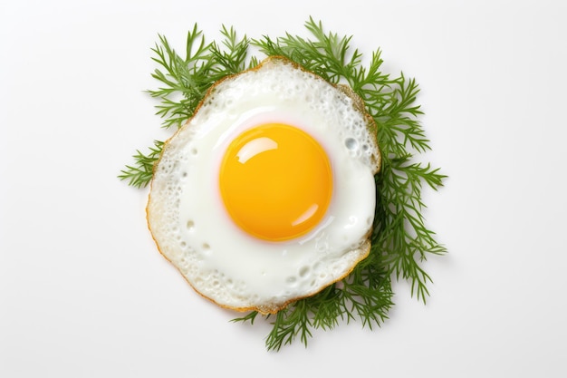 One fried egg with fresh green dill isolated on white background top view