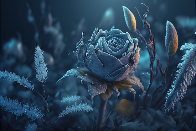 One frozen blue rose hidden in bush with ice crystals