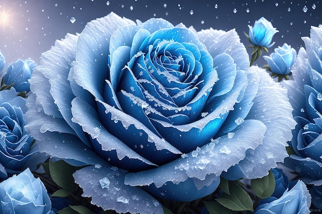 One frozen blue rose hidden in bush with ice crystals