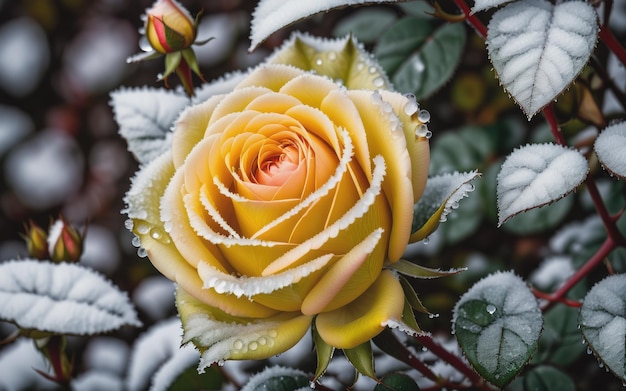 One frozen Yellow rose hidden in bush